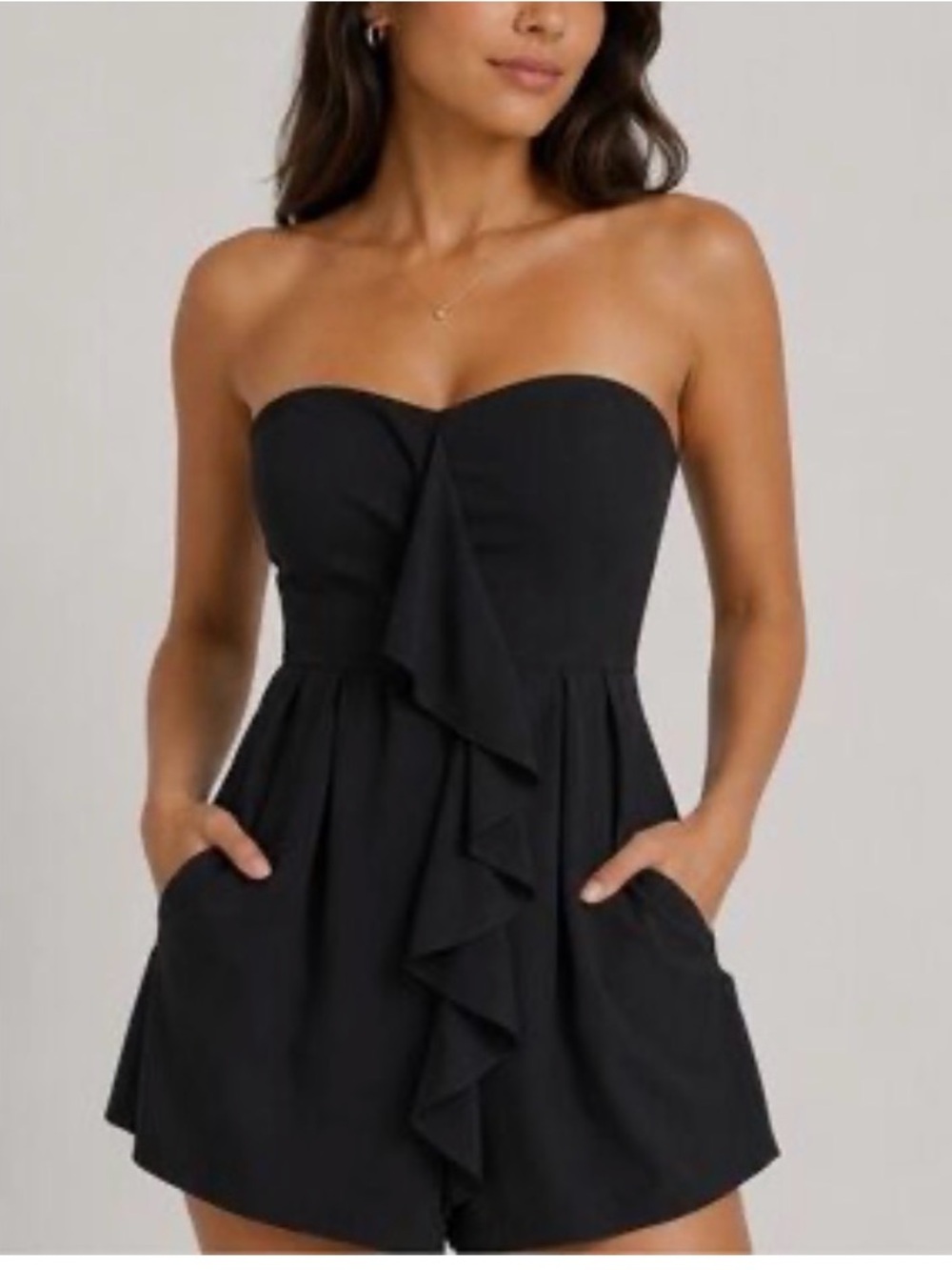 Express Strapless Black Ruffle Romper